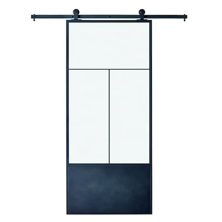 Renin Nation Frosted Glass Metal Barn Door with Installation Hardware Kit 37 in. KMCTNTF-37BL